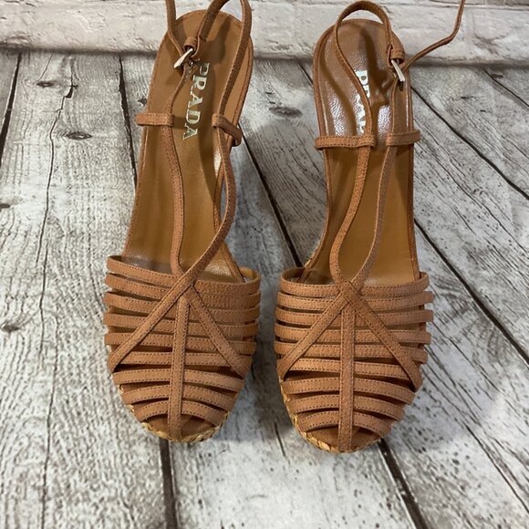 PRADA Tan Wedge Sandals Strappy Design & Woven Platform Sole Sz 8.5 US 38.5 EU - Picture 2 of 9